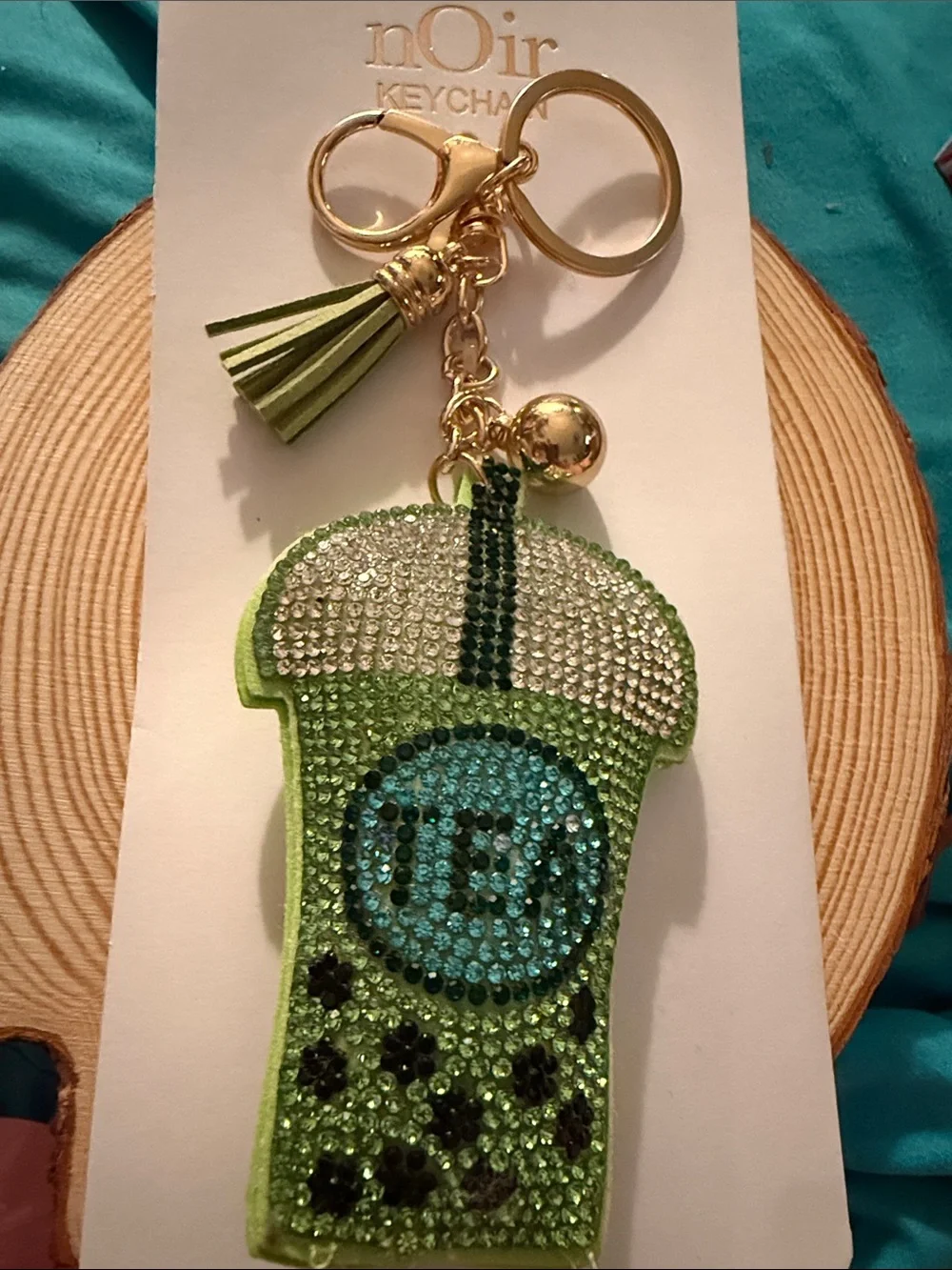 NWT NOir Green Rhinestone Bubble Tea Keychain with Tassel 6”